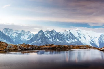 Wall murals Mont Blanc Incredible view of clear water and sky reflection on Chesery lake (Lac De Cheserys) in France Alps. Monte Bianco mountains range on background. Landscape photography, Chamonix