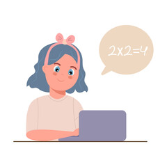 Baby girl studying math on laptop, search info,internet, school education concept cute flat vector 
