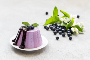 Blueberry Panna Cotta with sauce on a plate. Light gray background