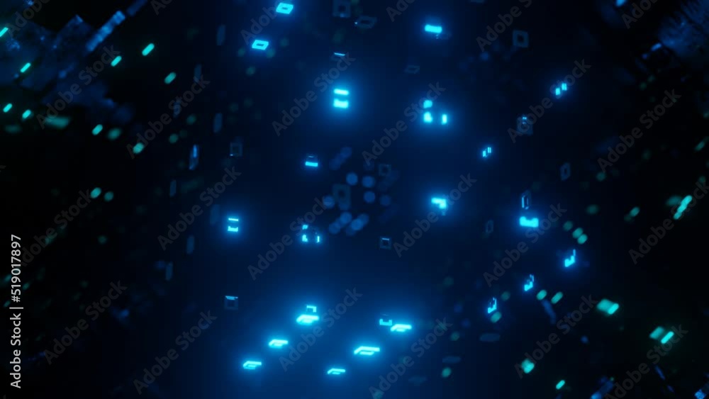 Poster 3d object or structure rotates and moves inside glass mirror tunnel with neon light, bright reflecti