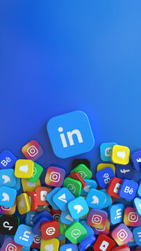 3D rendering of an Linkedin badge surrounded by badges of the most important social networks. Vertical shot.