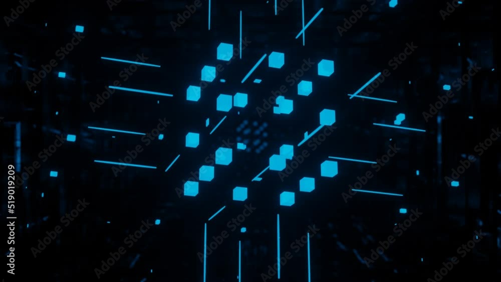 Poster cubes structure. 3d object or structure rotates and moves inside glass mirror tunnel with neon light