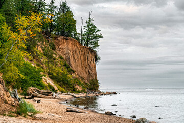 Orlowo cliff and sandy beach on the coast of the Baltic Sea in Gdynia