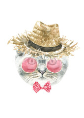 Watercolor hand-painted cat british shorthair breed illustration.Cat in costume,flower wreath,hat, happy birthday. Cute hipster, animal head, face portrait, cute baby cat isolated for baby shower card