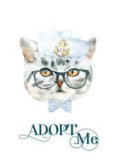 Watercolor hand-painted cat british shorthair breed illustration.Cat in costume,flower wreath,hat, happy birthday. Cute hipster, animal head, face portrait, cute baby cat isolated for baby shower card