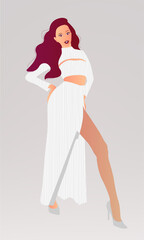 Sexy Girls Background, Person, Evening Dress, Robe Transparent, woman with long red hair wearing a white dress, high slit up the leg, elegant pose,
