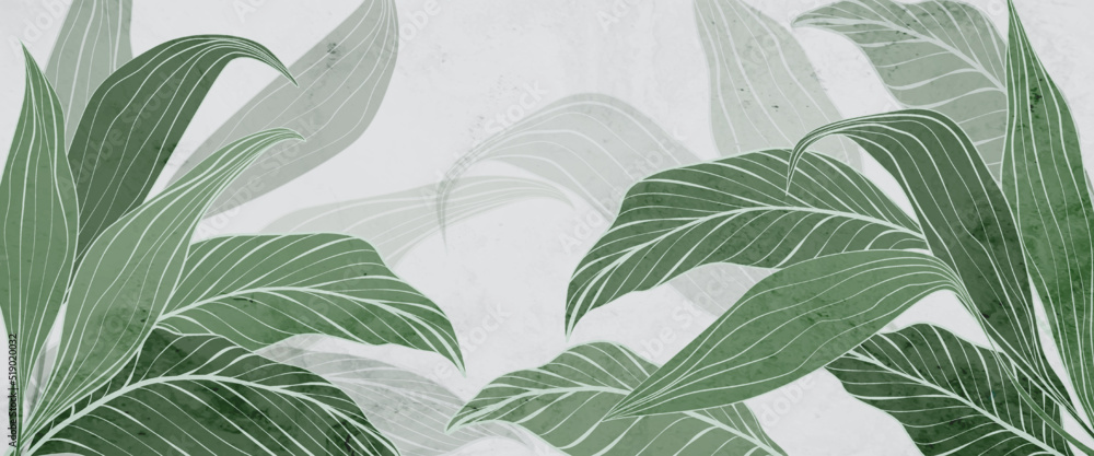 Wall mural tropical botanical art background with exotic leaves in line style. abstract vector background with 