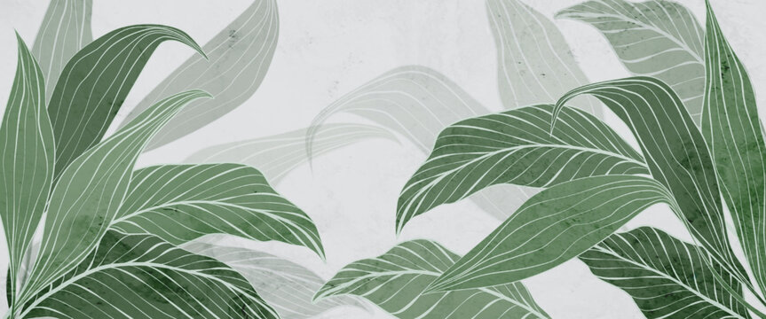 Tropical botanical art background with exotic leaves in line style. Abstract vector background with hand drawn plants for wallpaper, decor, print, interior design.