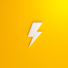 White Lightning bolt icon on yellow background. Flash icon. Charge flash icon. Thunder bolt. Lighting strike. Minimalism concept. 3D rendering illustration