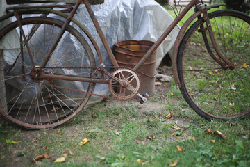 Old rusty brown metal bicycle in a garden