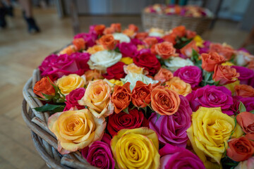 lots of multi coloured beautiful roses in wooden basket, nature background, floral pattern