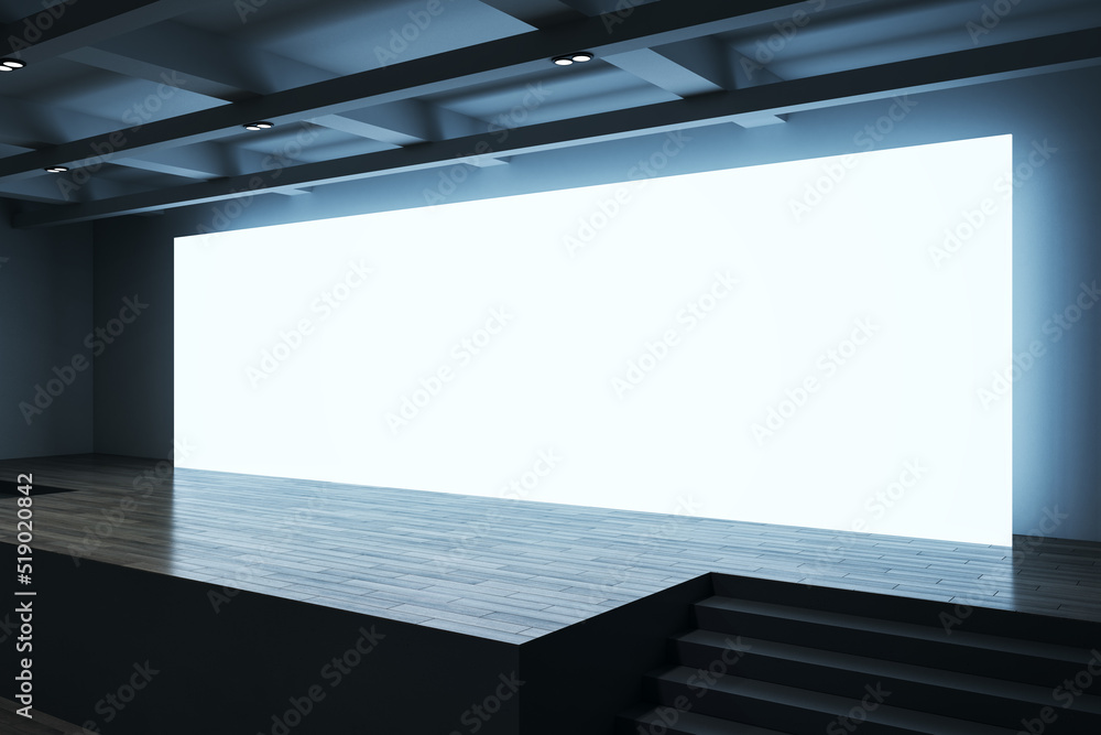 Poster perspective view on big blank white illuminated screen with place for your text or logo and blue bac