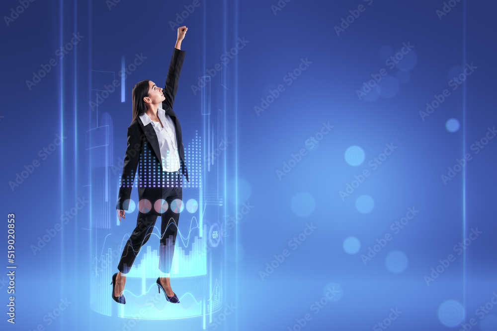Poster woman surrounded with business chart hologram on blurry blue background with mock up place for your 