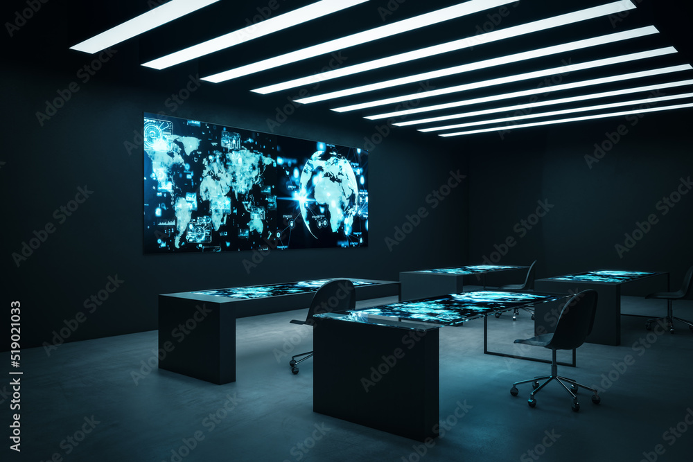 Poster Simple dark interior with interactive screens on wall and desks. Future and technology concept. 3D Rendering.