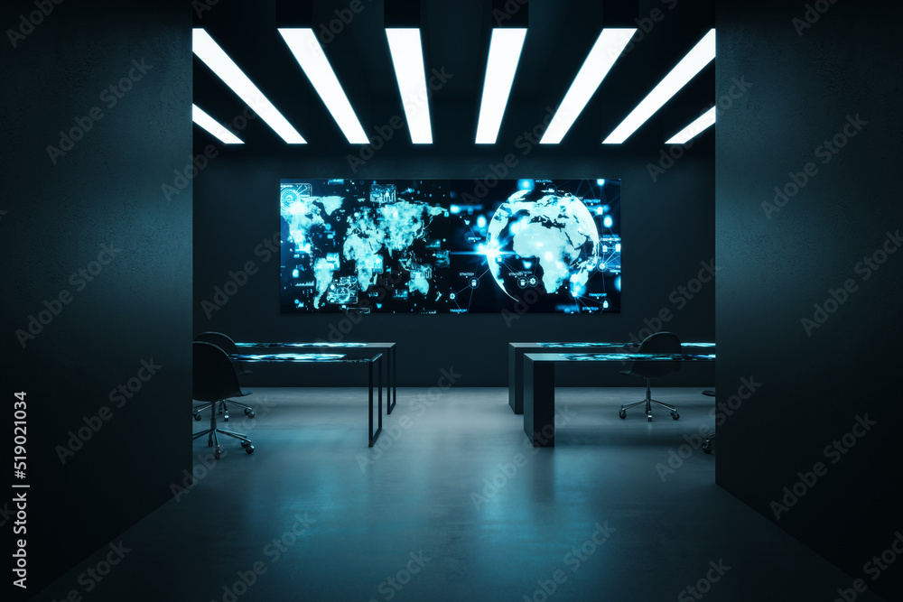Poster modern dark interior with interactive screens on wall and desks. future and technology concept. 3d r