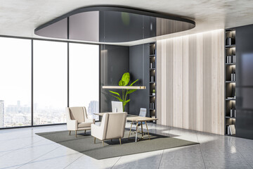 Modern office interior with panoramic city view, furniture and equipment. Workplace concept. 3D Rendering.