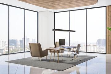 Bright office interior with panoramic city view, furniture and equipment. Workplace concept. 3D Rendering.