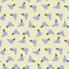 The pattern of chicory flowers is fresh, summer on a yellow background.For fabrics, for printing brochures, posters, parties, vintage textile design, postcards, packaging