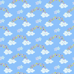 Childish cute pattern with rainbow and stars on a light blue background. Vector drawing. Use for clothing prints, greetings, bedding and packaging, interior wallpaper, birthday and shower, baby and
