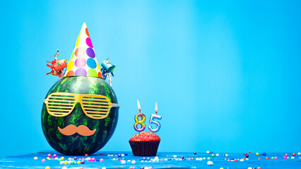 Creative happy birthday greeting with muffin festive garlands decoration. Fan greeting card. Copy...
