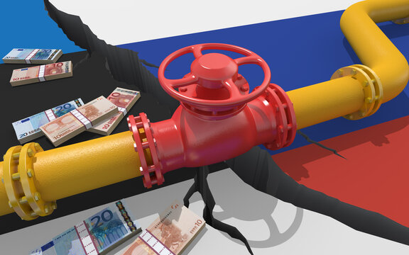 Gas or oil pipeline with valve on background of the flags of Russia and Estonia. Financial sanctions and energy embargo because of the invasion of Ukraine. Oil import export. 3d render