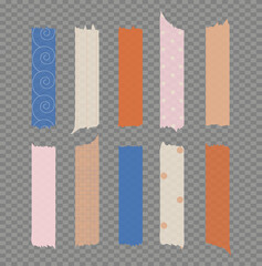 Washi tape. Semi-transparent pieces of ribbons with patterns. Blue, pink, orange, beige and white pieces of washi tape with torn edges. Set of ten pastel ribbons isolated on a transparent background.