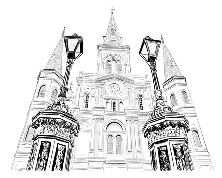 Hand drawn illustration. Saint Louis Cathedral in Jackson Square, French Quarter, New Orleans. View of the famous iron street lanterns in the foreground.