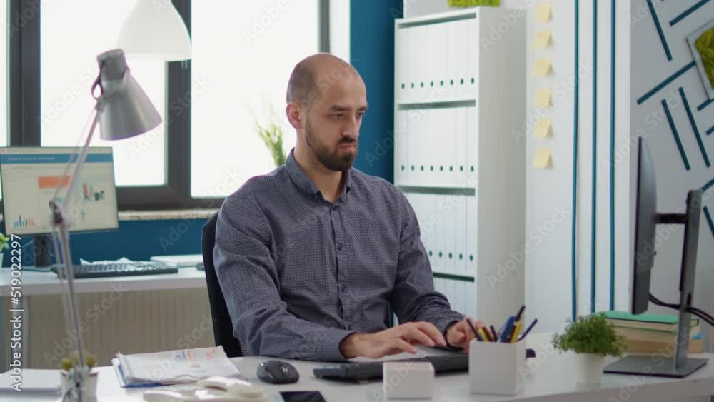 Poster portrait of business man working with computer on growth strategy, creating financial analysis with 