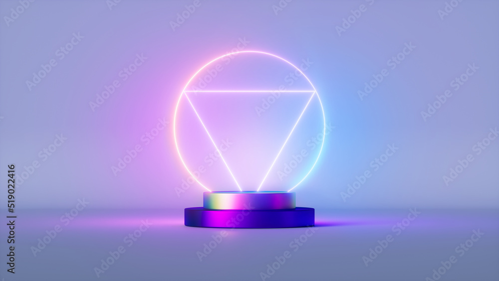 Poster 3d render, abstract background with empty colorful metallic podium and geometric neon frame, minimal
