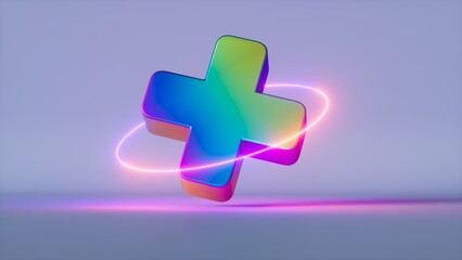 3d render, abstract geometric background, iridescent holographic plus sign, cross symbol with pink neon ring - obrazy, fototapety, plakaty