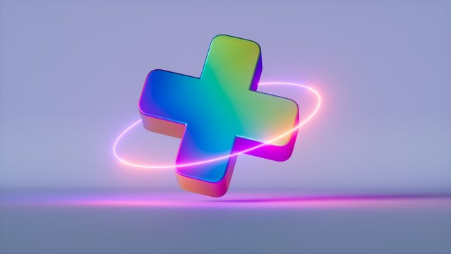 3d render, abstract geometric background, iridescent holographic plus sign, cross symbol with pink neon ring
