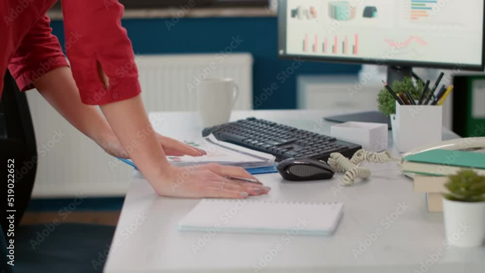 Poster financial consultant analyzing documents with business charts report, looking at statistics on compu