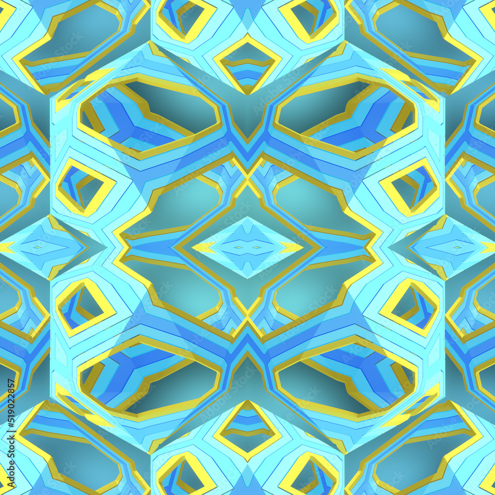 Aufkleber crystal structure yellow blue color digital illustration. 3d rendering background. design element