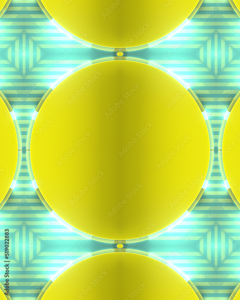 Poster Composition of rounded figures with trendy color combination and luminous rings. 3d rendering digital illustration