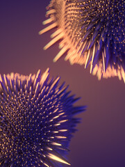 Shiny metallic ferrofluid organic blobs with depth of field. Trendy 3d rendering digital illustration