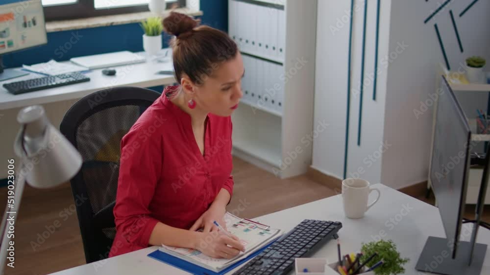 Aufkleber business woman using data statistics on papers to plan project, analyzing sales research to create s