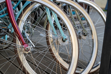 Fototapeta na wymiar number of stylish bicycles for sale in a fashionable modern bike shop