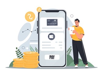 Electronic wallet concept. Man with smartphone or tablet pays for purchases on Internet. Cashless transactions of funds and wallets. Online banking operations. Cartoon flat vector illustration