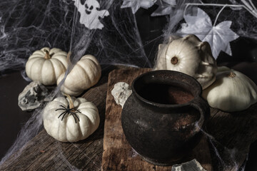 Halloween composition with witch's pot, pumpkins, bat, ghost, spider, and cobwebs