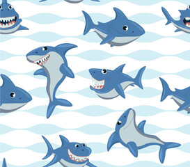 Sharks seamless pattern. Repeating image for printing on bed linen. Strong childrens characters, representatives of underwater world. Dangerous predator in water. Cartoon flat vector illustration