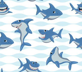 Obraz premium Sharks seamless pattern. Repeating image for printing on bed linen. Strong childrens characters, representatives of underwater world. Dangerous predator in water. Cartoon flat vector illustration