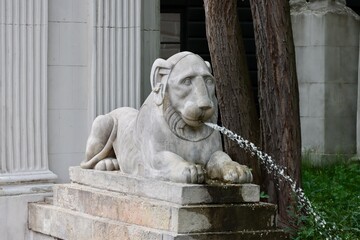 Fototapeta na wymiar Lion fountain in Lazienki Park or Royal Baths Park, Warsaw, Poland