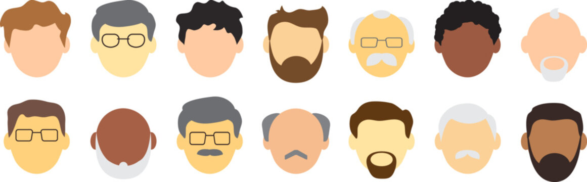 Face old man vector icon, cartoon avatar, people character, diverse senior men. Profile grandfather isolated on white background. Glasses, bald head, mustache and beard. Human illustration