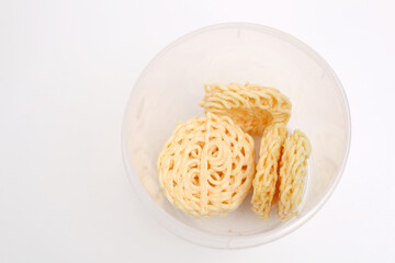 Kerupuk or crackers are one of the favorite snack in Indonesia. Isolated on white background