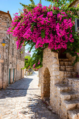 Beautiful decorated streets of Areopoli town with colorful flowers around the traditional stoned buildings in Laconia, Greece