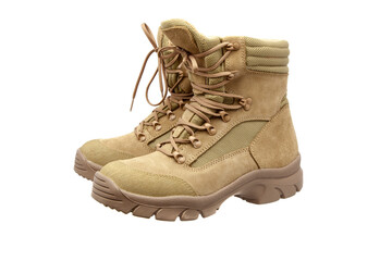 Modern army combat boots. New desert beige shoes. Isolate on a white back.