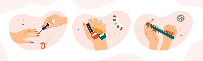 Set of manicure. Collection of cosmetic products. Woman applying nail red polish and changing their shape. Beauty and attractiveness. Cartoon flat vector illustrations isolated n white background