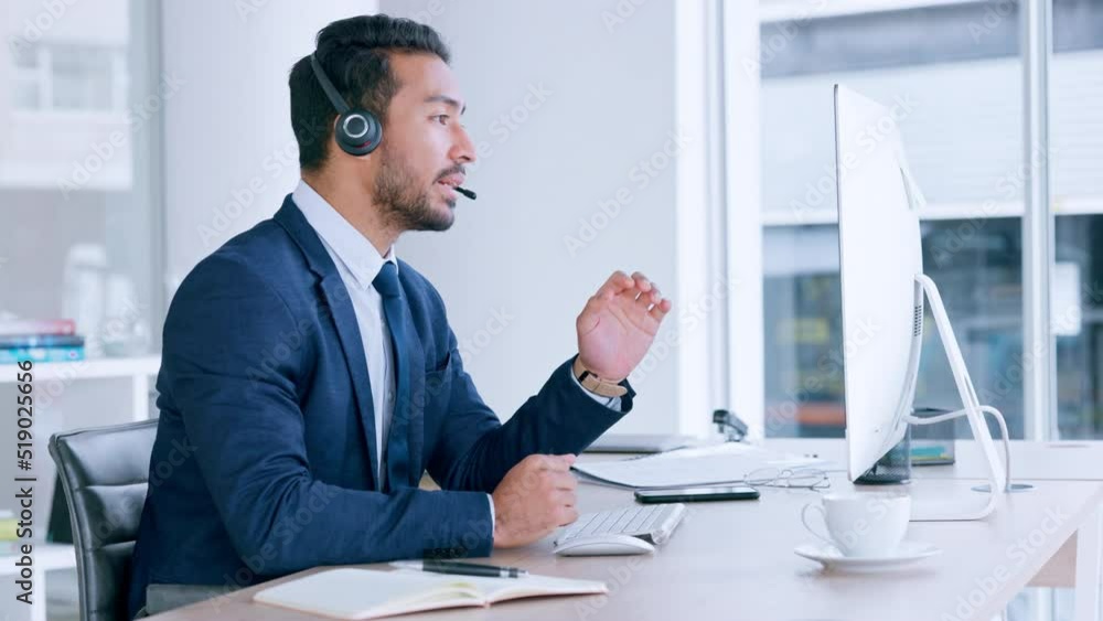 Poster call center agent talking to clients and giving them advice on the best sales while working on a lap