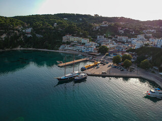 Aerial panoramic view over Alonissos island, Greece at sunset