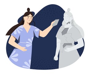 Mental health concept. Woman picking herself up piece by piece. Psychological work and self development. Girl feel nervous. Problems with inner world and balance. Cartoon flat vector illustration